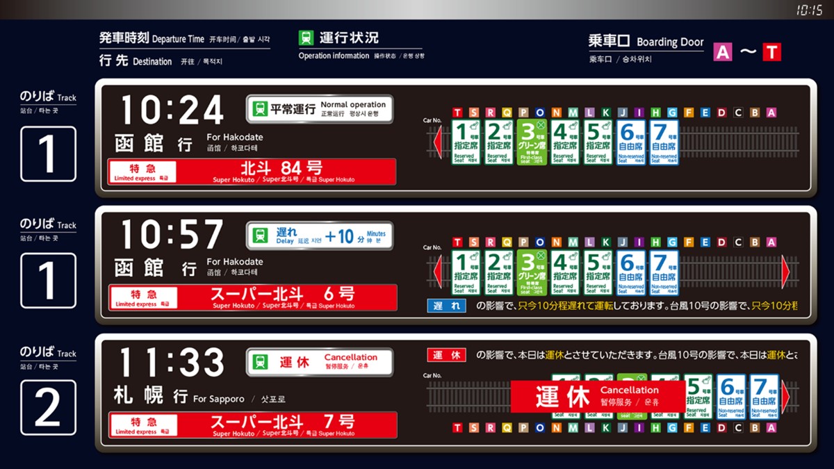 乗車位置案内サイネージの画面(複数列車)